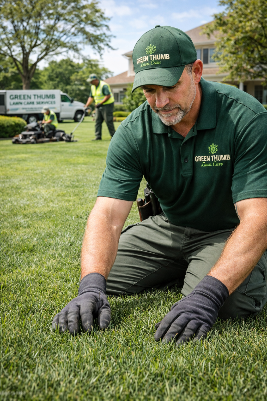 Green Thumb Lawn Care Services team leader inspecting a lawn