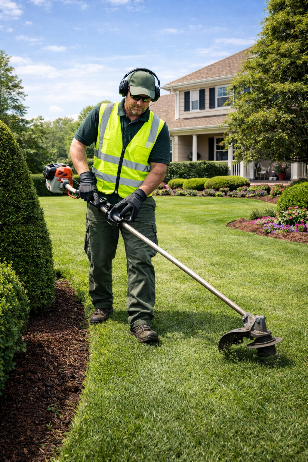 Lawn maintenance specialist working on a residential property